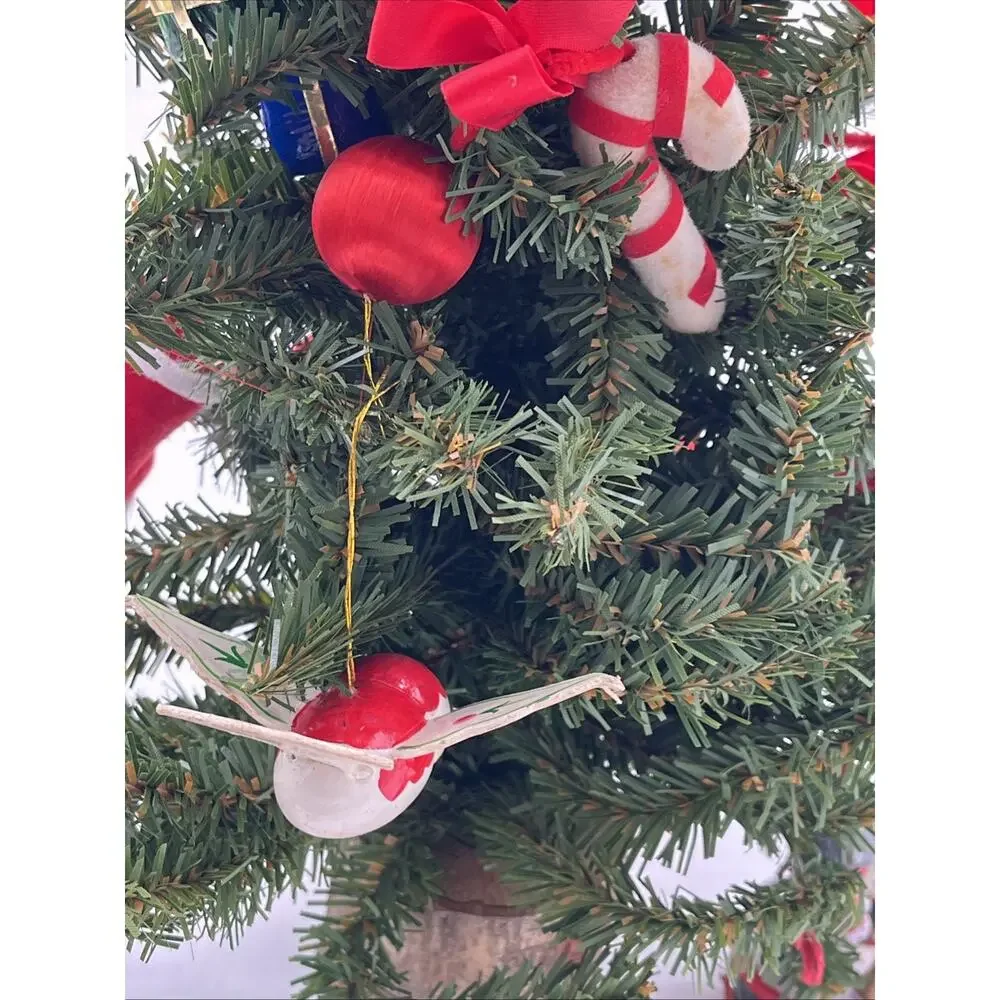 Vintage 19” Decorated Table Christmas Tree Wooden, Flocked & Folk Art Ornaments
